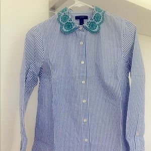 Striped JCrew Button up with embroidered collar